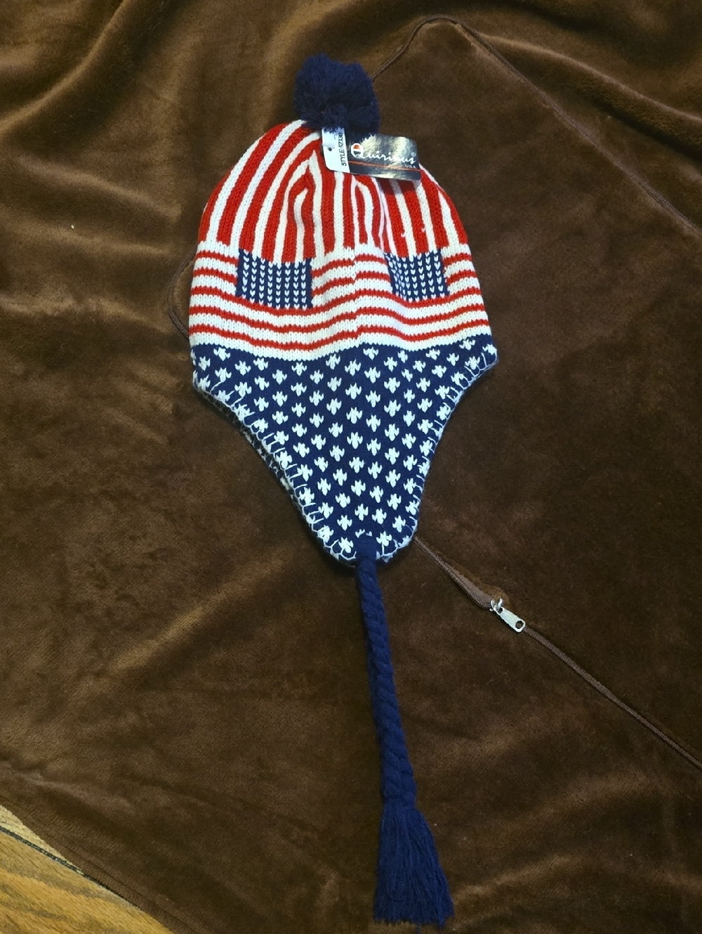 American Flag Knit Pom Pom Earflap Hat - Red, White & Blue